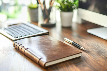 Desk with laptop notebook and pen