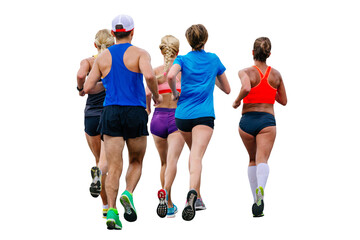 mixed group runners athletes running marathon cut-out figure on transparent background