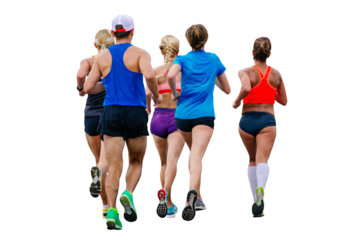mixed group runners athletes running marathon cut-out figure on transparent background