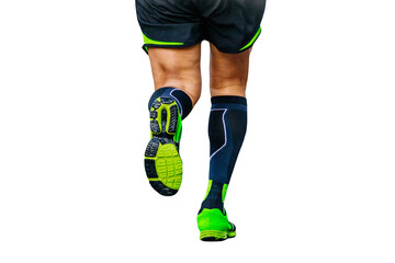 legs runner athlete running marathon in black compression socks cut-out figure on transparent...