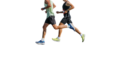 two male athlete running marathon cut-out figure on transparent background