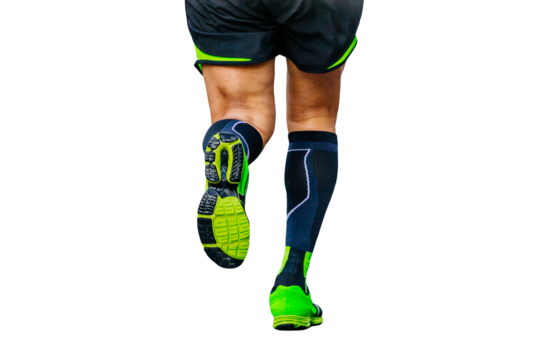 legs runner athlete running marathon in black compression socks cut-out figure on transparent background