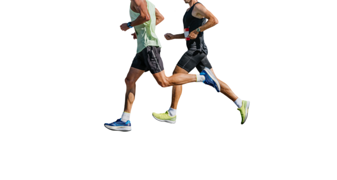 two male athlete running marathon cut-out figure on transparent background