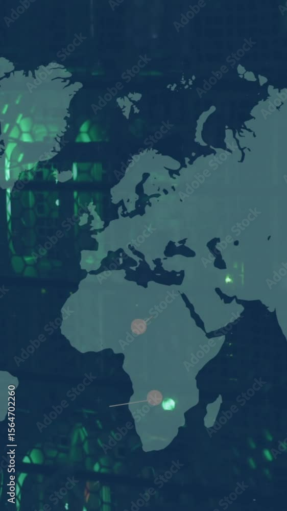 Poster animation of world map and networks of connections over computer server