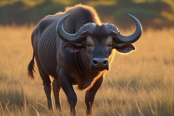 Powerful African buffalo standing in grassy field