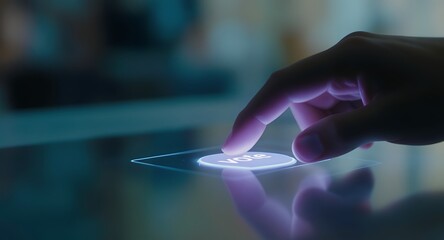 Hand Finger Pressing Vote Button on Illuminated Touchscreen