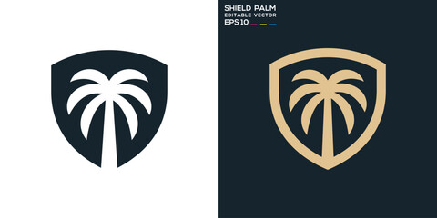 Palm tree shield logo. Security, plant, beach. Vector icon symbol template EPS 10.