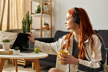 Relaxing afternoon with a young woman enjoying music and tea at home