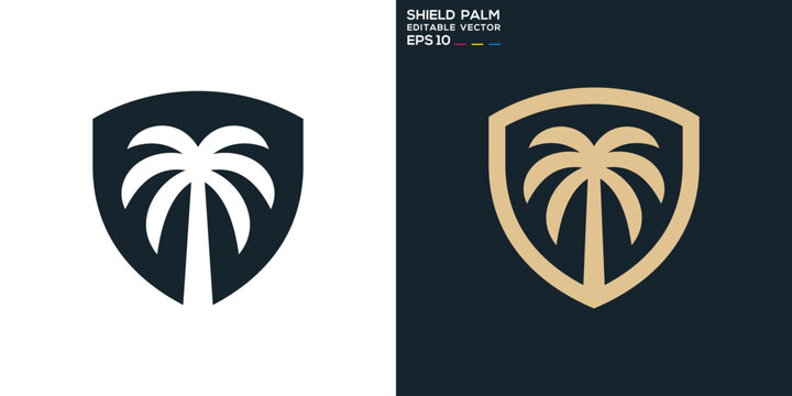 Palm tree shield logo. Security, plant, beach. Vector icon symbol template EPS 10.