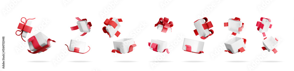 Poster set of open white gift boxes with red ribbons. empty present package with floating bows for holiday 
