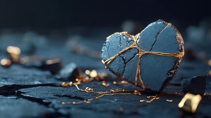 Broken heart mending with golden threads, representing healing and potential for new love.