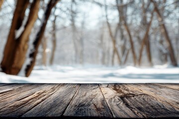 empty wooden surface in the foreground, winter forest in the background, for product presentation