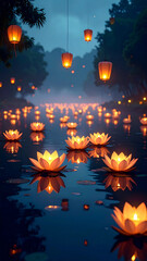 Ghost festival photo with lotus lanterns floating on the river
