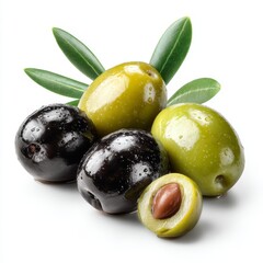 Obraz premium Black and green olives on a white background with leaves