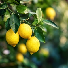 A close-up shot of ripe, vibrant lemons hanging from a tree branch, bathed in natural light
