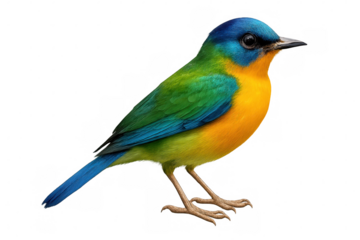 Orange-bellied flowerpecker with blue head and colorful feathers standing on transparent background