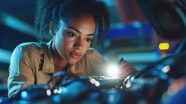 Focused female mechanic inspecting engine with flashlight in modern auto repair shop, showing determination, skill, and attention to detail under cool dramatic lighting.