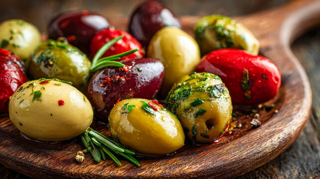 Assortment of marinated olives with herbs, garlic and red peppers arranged on a wooden serving board in the kitchen