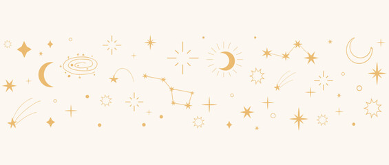 Mystical celestial border divider with stars, moons, and sparkles. Elegant golden ornament set for tarot, magic, and spiritual designs.