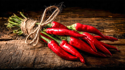 A bunch of hot chili peppers tied together with twine placed on a rough wooden surface