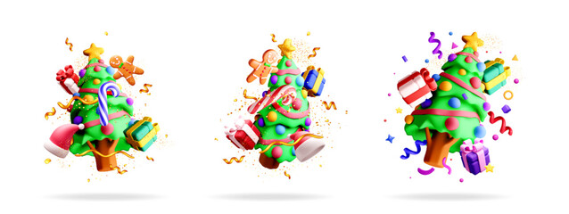Christmas tree with festive decorations, gifts and confetti. Holiday celebration concept for greeting card and banner design.