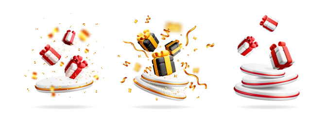 Realistic set of 3d gift box presentation podium with confetti. Festive shopping promotion stand. Holiday surprise for event celebration.