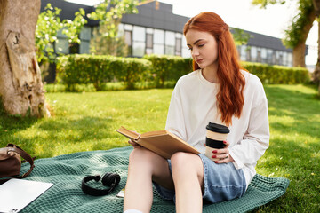 Obraz premium Young woman enjoying a sunny afternoon reading on the grass in a serene park setting