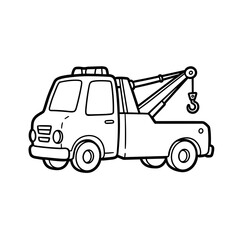 Black-and-white line art of a tow truck with a crane arm and hook, featuring a roof light and simple, sturdy design.
