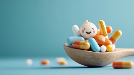 Wooden spoon filled with cheerful vitamin characters.