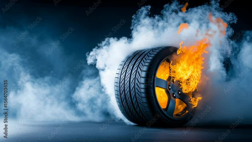 Poster tire engulfed in flames and smoke, showcasing dynamic motion and energy, with a dark background emph