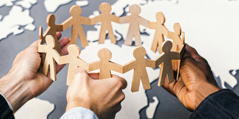 Abstract background. World Population Day with a hand holding a wooden toy shaped like a person in a circle above a world map in the concept of equality and unity