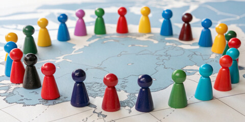 Abstract background. World Population Day and wooden toys Symbol people on the world map in the concept of racial diversity and cooperation in foreign countries