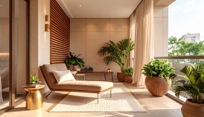 modern cozy balcony design with wooden furniture, chocolate colors, green plants