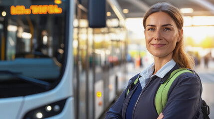Confident female ticket inspector stands at a sunrise-lit bus stop, radiating professionalism and warmth, prepared to begin a new workday.