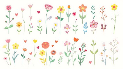 Fototapeta premium Adorable and charming collection of hand drawn flowers and hearts in a delightful illustration.