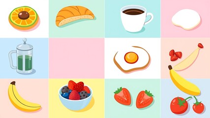 Colorful and delicious illustrated breakfast foods arranged on a pastel background