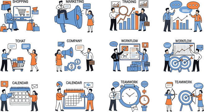 Business strategy marketing teamwork and trading vector illustration set