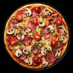 A close-up shot of a delicious pizza loaded with fresh toppings on a plate. The pizza is round and has a golden crust