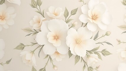 Elegant seamless floral pattern featuring white blossoms and delicate green leaves on beige background