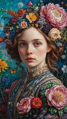 Young woman in a floral dress with a flower crown, surrounded by vibrant flowers and butterflies