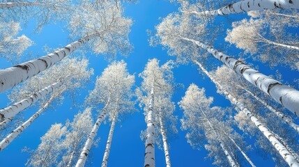 Springtime birch trees set against a clear blue sky.