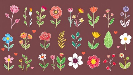 Hand drawn floral elements collection with colorful flowers and green leaves on a brown backdrop