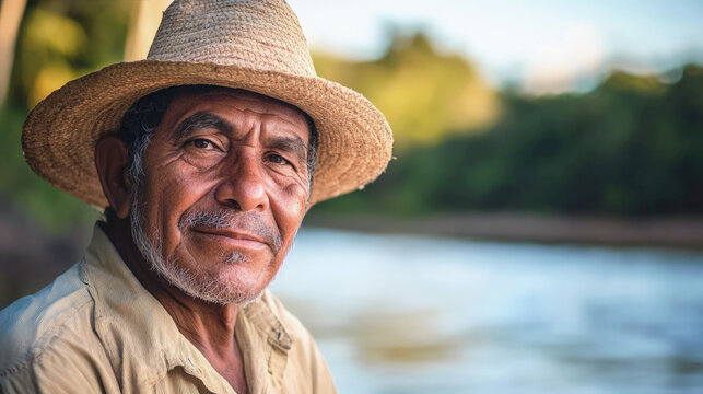 Portrait of an elderly Hispanic man in a straw hat smiling calmly by a riverbank at sunset, with soft natural lighting and a blurred green background.
