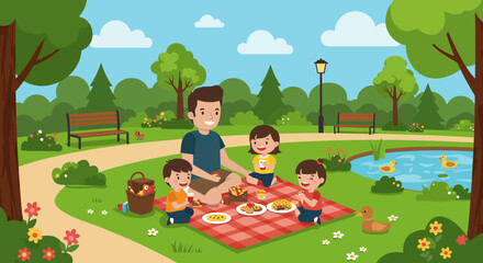 Cartoon Father and Children Enjoying a Picnic on a Red Checkered Blanket 1.