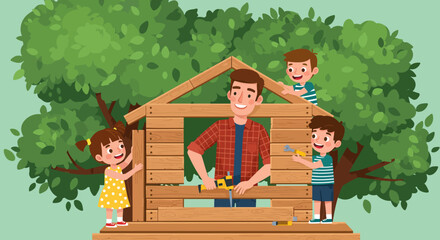 Cartoon Father and Children Building a Wooden Treehouse Together.