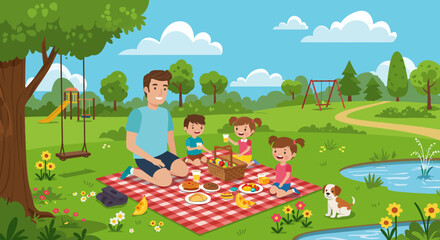 Cartoon father and children enjoying a picnic on a red checkered blanket.