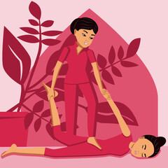 Shiatsu full body massage. Therapy and treatment by professional therapist in SPA. Isolated flat vector illustration. Eastern ethnicity.