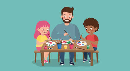 Cartoon Father and Children Painting Together at a Wooden Table.