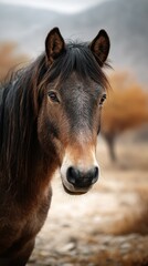 Majestic horse close-up in a serene landscape with autumn colors in the background during soft daylight