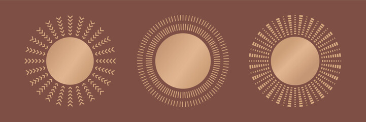 Luxury boho style round suns, sunset, sunrice celestial design. Vintage gradient sunburst vector illustrations